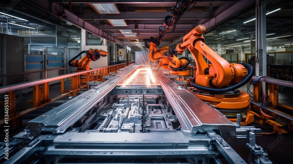 Poster automated assembly line in a state of the art industrial factory where aluminum car parts are precis