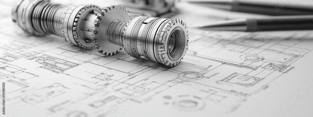Poster engineering design process mechanical components technical drawing industrial environment close-up v