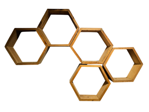 Hexagon shaped honeycomb wall decor, creating a stylish and geometric aesthetic for interior design isolated on transparent background