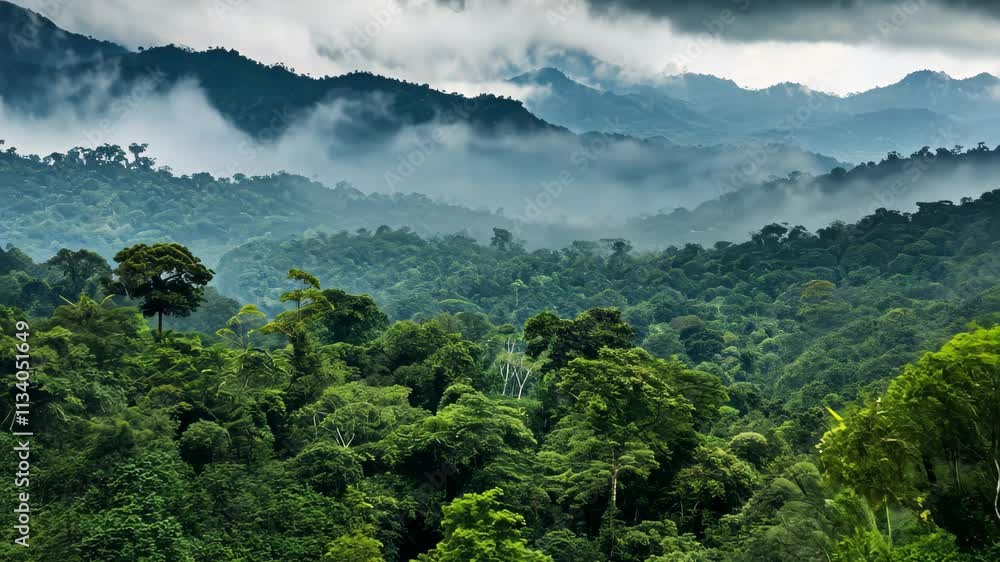 Poster a forest scene with numerous trees stretching towards a cloudy sky, a panoramic view of the amazon r