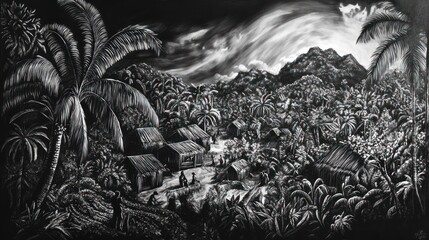 Monochromatic tropical village scene, with palm trees, huts, and a mountain range in the background.  Dense jungle foliage surrounds the village.