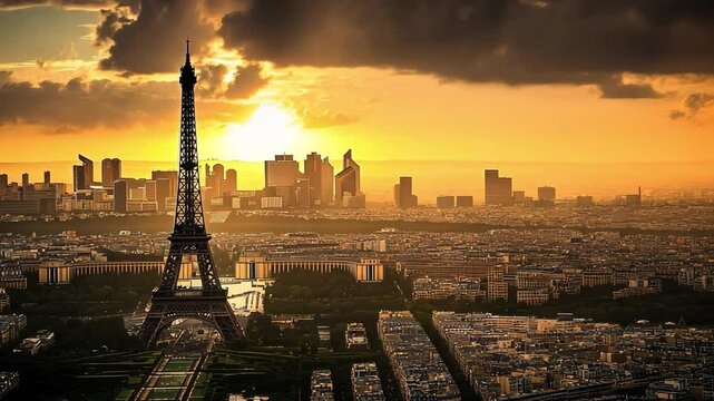 Paris Skyline Sunset: The iconic Eiffel Tower stands tall against a breathtaking sunset over the Parisian cityscape.