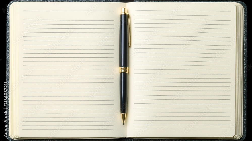 Poster writing inspiration empty notebook with pen on desk creative workspace minimalist environment top-do