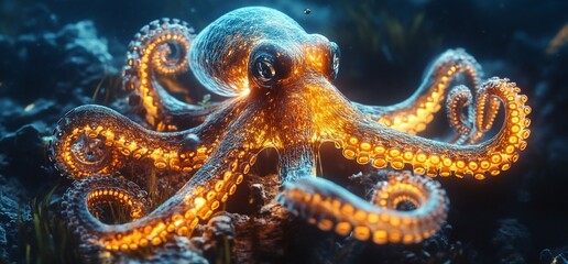 A vibrant octopus illuminated in a colorful underwater scene.