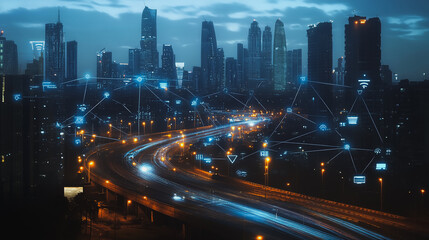 Obraz premium Smart digital Innovation city with connection network reciprocity over the cityscape. of future smart wireless digital city and social media networking systems that connects people with in city