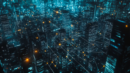 Obraz premium Smart digital Innovation city with connection network reciprocity over the cityscape. of future smart wireless digital city and social media networking systems that connects people with in city