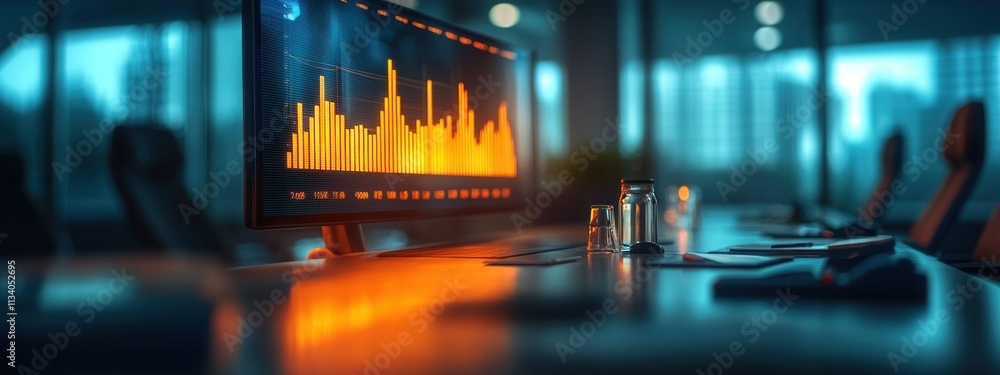 Poster data visualization meeting in modern office digital analytics display professional environment night