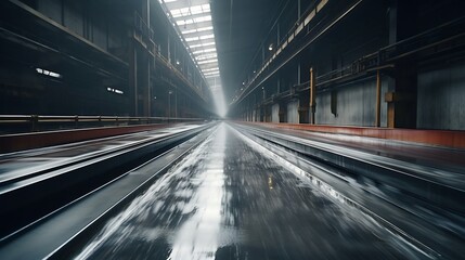 Obraz premium Automated Conveyor Belt System Transporting Galvanized Industrial Materials Quickly Through a Highly Efficient Manufacturing Factory Production Line
