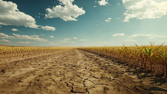 Dried Earth, A Path to the Horizon: Dry, cracked earth stretches out under a vast blue sky, with rows of corn stalks lining the path. The image evokes feelings of resilience and hope.