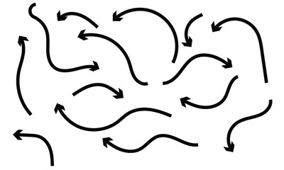 Set of Black hand drawn arrow element vector. Collection of doodle arrows, lines, symbol, pointing mark, shapes on white background. Simple icon illustration for education, decoration, map. 