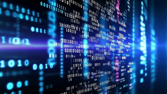 Abstract digital data stream with glowing binary code on dark background.
