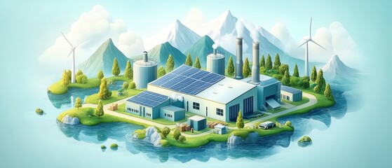 A modern eco-friendly factory surrounded by nature, featuring renewable energy sources.