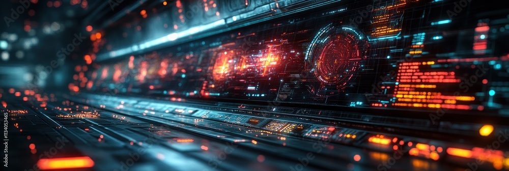 Poster futuristic control panel with glowing digital displays and interfaces.