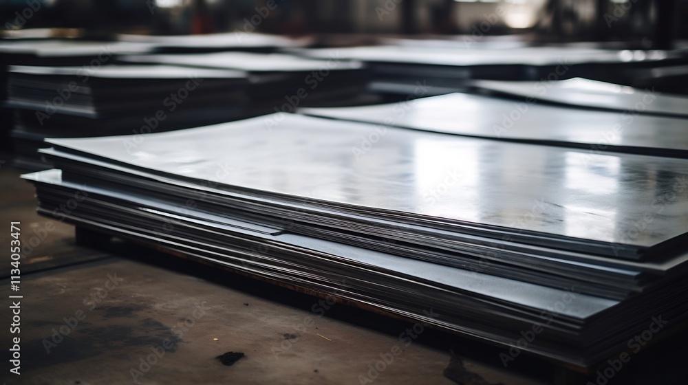 Poster rows of shiny freshly galvanized metal sheets on a busy factory floor showcasing the efficient produ