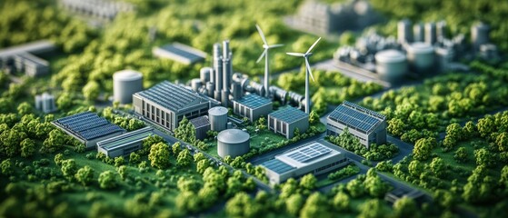 A model of a sustainable industrial area featuring renewable energy sources.