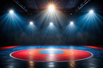 A Single Illuminated Wrestling Mat Centered on a Dark Background, Awaiting Athletes with Copy Space for Bold Text and Captivating Visuals for Sports Photography
