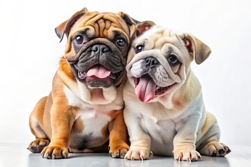 Fototapeta premium Adorable Pug and Bulldog Puppies Playing on a White Background, Capturing the Joy of Pet Companionship in a Fun and Playful Setting Ideal for Pet Lovers and Animal Enthusiasts