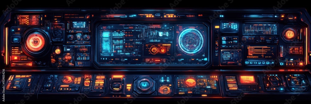 Aufkleber futuristic spaceship control panel with glowing buttons and digital displays.