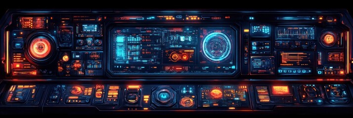 Obraz premium Futuristic spaceship control panel with glowing buttons and digital displays.