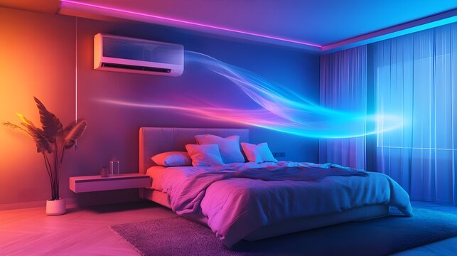 A sleek air conditioning unit mounted on a wall, releasing dynamic, colorful airflow visualizations in blue and green, flowing smoothly across a modern living room.