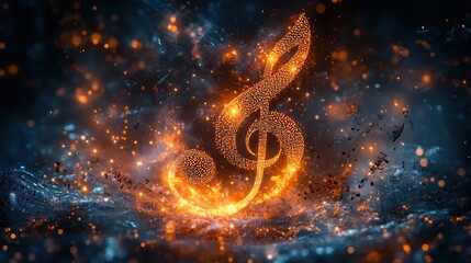 Fiery treble clef symbol amidst sparks and musical notes.