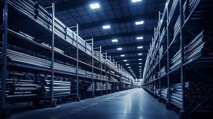 Obraz premium Galvanized metal pipes stacked neatly in an organized industrial warehouse setting with bright overhead lighting illuminating the scene