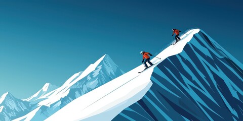 Extreme skiing adventure on snow-capped mountain peaks high altitude digital illustration vibrant atmosphere aerial perspective
