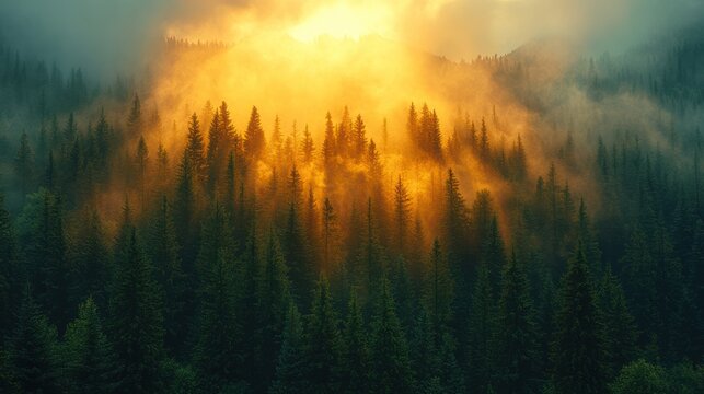 Golden Hour in the Misty Mountains: A Breathtaking Sunrise over a Coniferous Forest