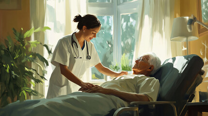Obraz premium Compassionate Female Nurse Caring for Senior Patient in Bright Room with Natural Light and Greenery, Illustrating Quality Healthcare and Empathy