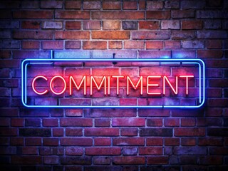 Obraz premium Captivating Portrait of a Neon 'COMMITMENT' Sign Illuminating Brickwork, Ideal for Online Ads and Direct Mail Marketing, 3D Rendered Stock Image for Creative Projects