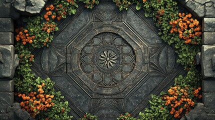 Stone mosaic with orange flowers.