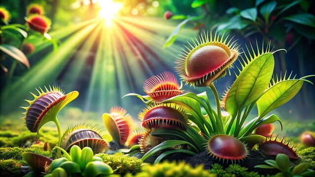 Captivating Scene of Venus Flytraps Actively Hunting for Food in Lush Greenery with Ample Copy Space for Textual Content and Emphasis on Nature's Unique Predatory Plants