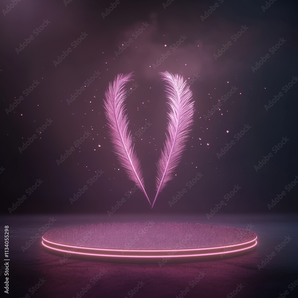 Poster a vibrant, glowing representation of two pink feathers forming a 