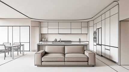 Kitchen interior with sofa, sketch. Line drawn