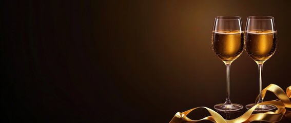 Two champagne glasses with golden ribbon on dark background.