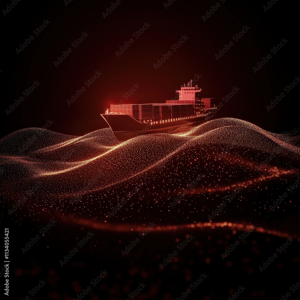 Poster a digital representation of a ship navigating through illuminated, wave-like patterns, creating a fu