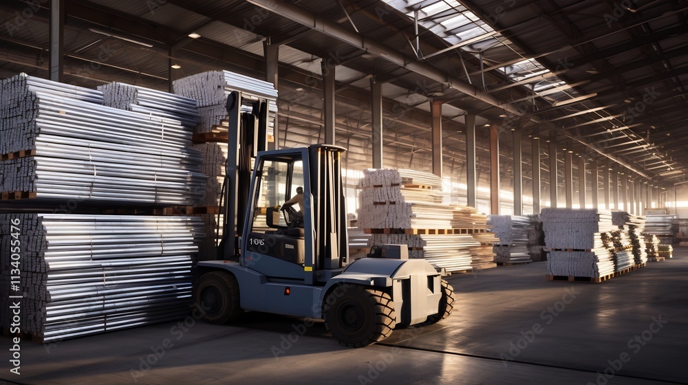Poster stacks of zinc bars being efficiently transported using forklifts in a bustling industrial factory s