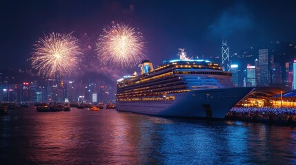 Obraz premium Spectacular Fireworks Display Over Hong Kong Harbor with Cruise Ship