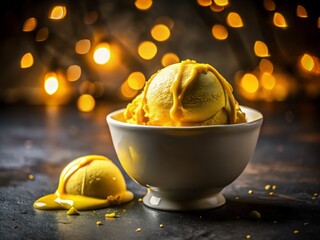 Close-up of a melting yellow ice cream in a white bowl, captured in low light, showcasing the rich texture and creamy appearance, with a soft focus on the bowl's rim and subtle reflections.