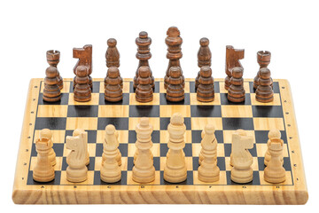 Wooden chessboard with pieces in initial positions. Isolated on white background.