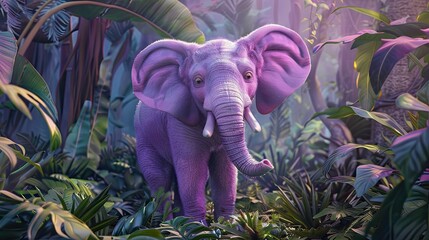Purple cartoon-style elephant standing in a magical landscape surrounded by vibrant plants and soft pastel colors.
