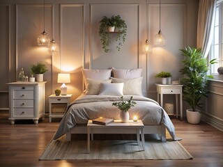 Cozy Low Light Photography of a Minimalist White Bed for One Person in an Inviting Bedroom Setting with Soft Textures and Warm Ambiance for Sleep and Relaxation