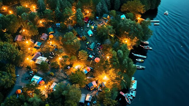 An aerial videograph capturing the stunning scenery of a lake illuminated in the darkness of the night, A picturesque campsite lit up at night seen from above