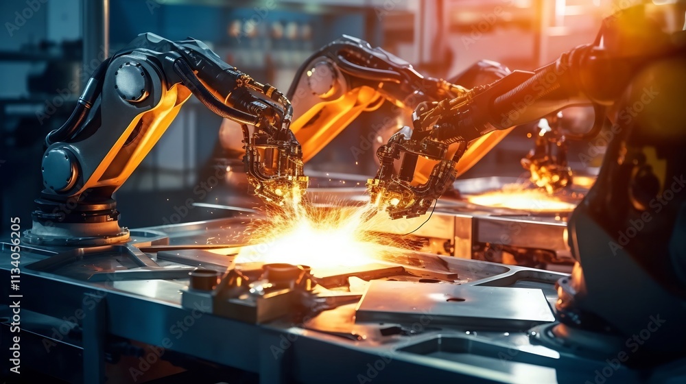 Aufkleber close up view of robotic arms precisely dipping metal components into a pool of molten zinc as part 