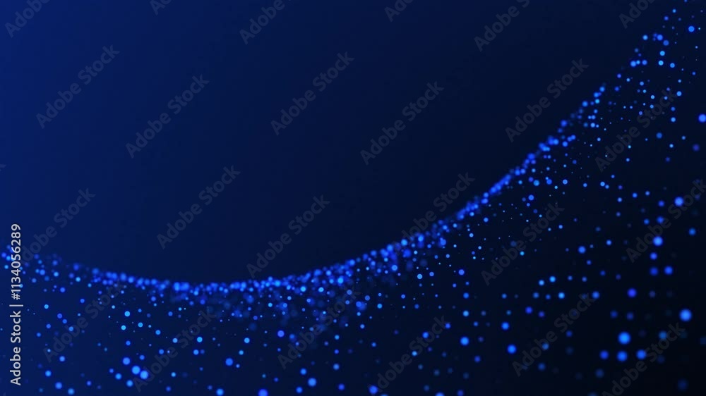 Poster blue glowing circles particles at the bottom on a dark abstract background, horizontal composition. 