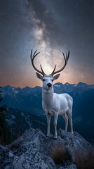 Fototapeta premium A majestic white deer with perfect antlers, on the mountain and the view of the stars in the beautiful sky