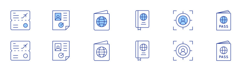 Identity icon set in two styles, Duotone and Thin Line style. Editable stroke. visa, passport, target