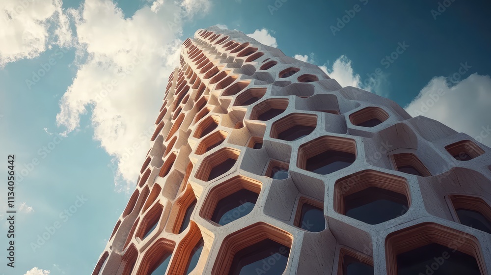 Poster an energy-efficient skyscraper with a fade resembling the texture of a beehive, designed for sustain
