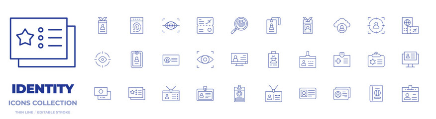 Identity icons collection. Thin Line icons, editable stroke. card, eye scanner, id card, business card, id, passport, police identification, cover, digital identity