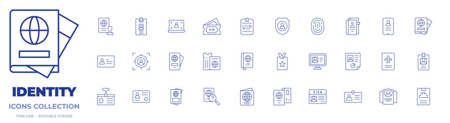 Identity icons collection. Thin Line icons, editable stroke. passport, id card, identity card, visa, id, identity, target, vip, visitor card
